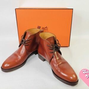 Hermes Leather Chukka Boots Unisex 37 Lace Up Brown Shoes